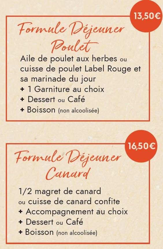 Formules Déjeuner Poulet et Canard